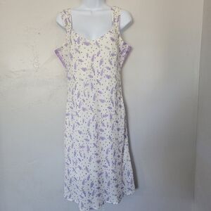 Jonathan Martin Vintage Size 9 White Midi Dress Purple Lavender Flower Print 90s